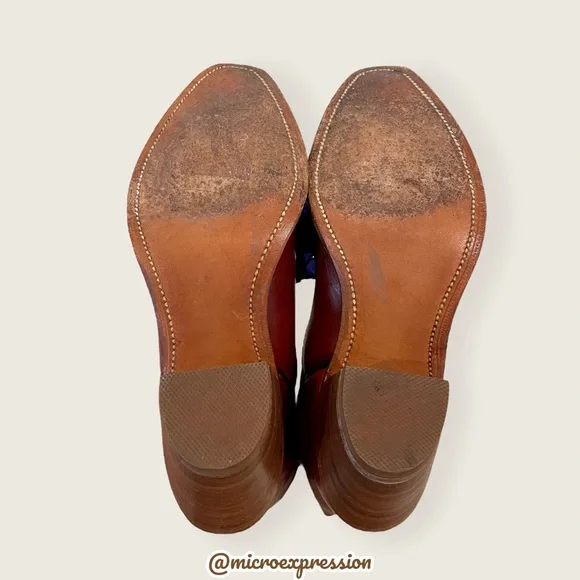 1990’s Frye Vintage Leather Pull On Cognac Red Low Heel Embroidered Cowboy Boot - Picture 11 of 13